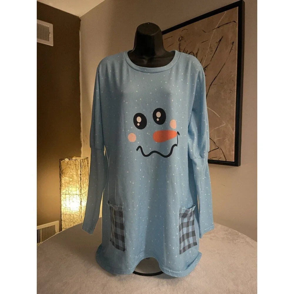 Unbranded Silly Fun Oversized Top Or Pajamas. Snowman Theme. No Tag. Blue